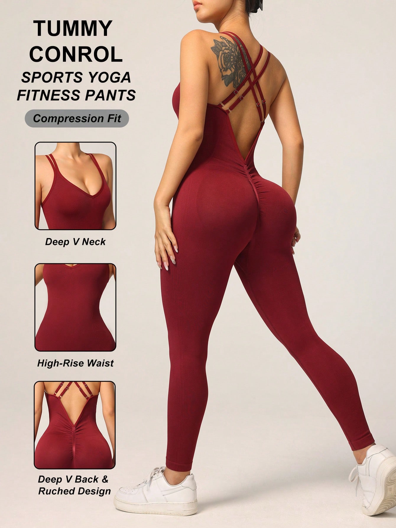 Pilates Ankle Strap - Damen Rückenfreier Yoga-Bodysuit mit Kreuzgurten, Gerippter