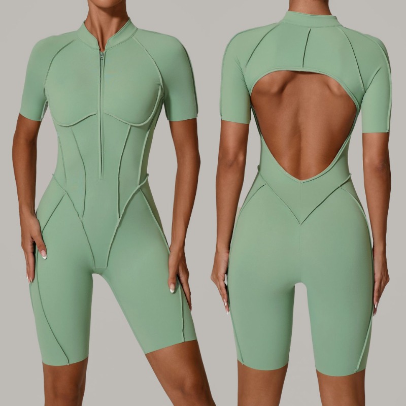 Pilates Yoga Clothes - Nahtloser Damen-Jumpsuit mit Reißverschluss, Fitness-Set, Rückenfreier